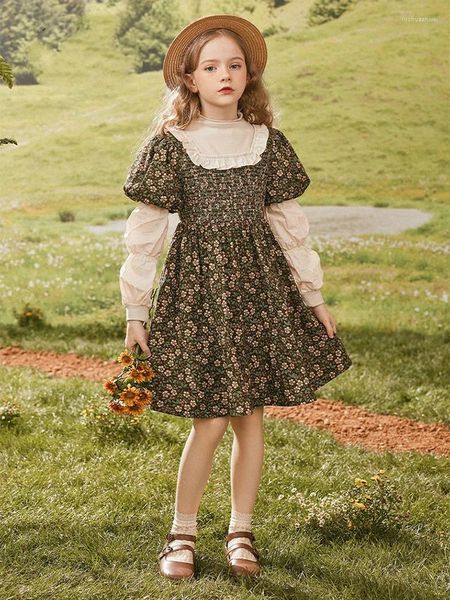 Mädchen Kleider 2023 Kinder Urlaub Teenager Mädchen Täglichen Kleid Set Für Herbst Frühling Kinder Floral Gesmokt Weißes Hemd Kinder Vintage