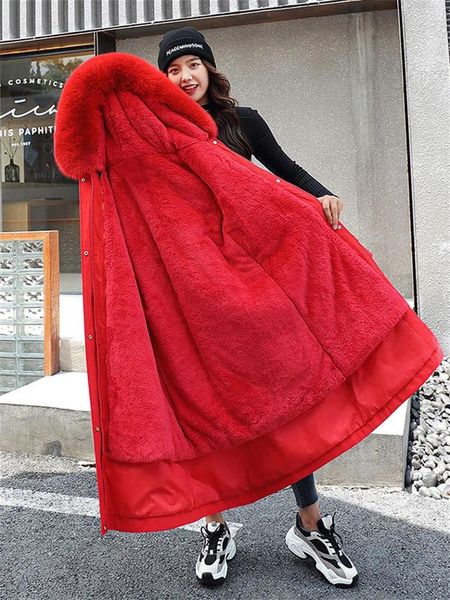 Casacos de Trench das Mulheres Casaco de Inverno Mulheres Vermelho Adicionar Lã Grosso Imitação Colar Com Capuz Parkas Jaquetas 2023 Bordado Longo Joelho-Comprimento