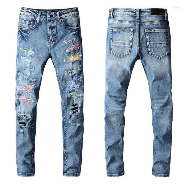 Herren Jeans American Fashion Streetwear Slim Fit Light Indigo Denim Hosen Distressed Baggy Bandana Hole Rib Skinny Stretch Ripped Men