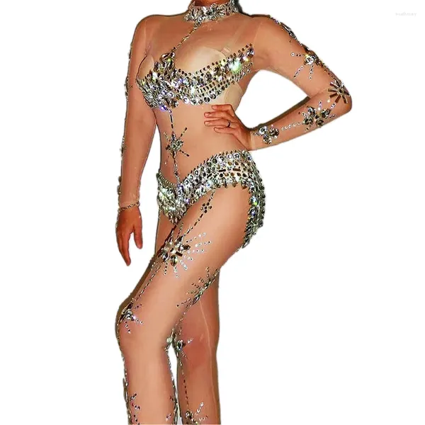 Palco desgaste brilhando diamantes festa malha sexy bodysuit gancho flor oco strass traje perspectiva clube de dança para mulher