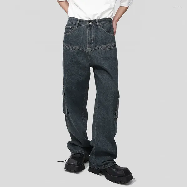 Jeans masculinos syuhgfa tendência carga denim calças design de moda multi bolso personalidade vintage masculino baggy macacão outono