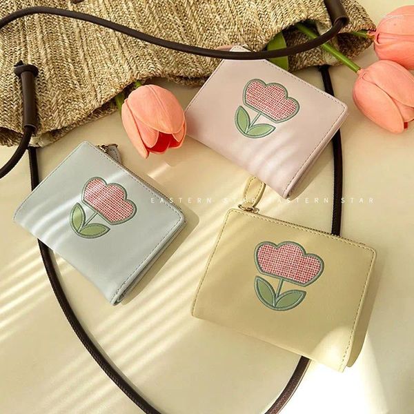 Portafogli Kawaii Ricamo Tulipano Donna Portamonete corto Porta carte Pochette per ragazze Portafoglio carino in pelle coreana per