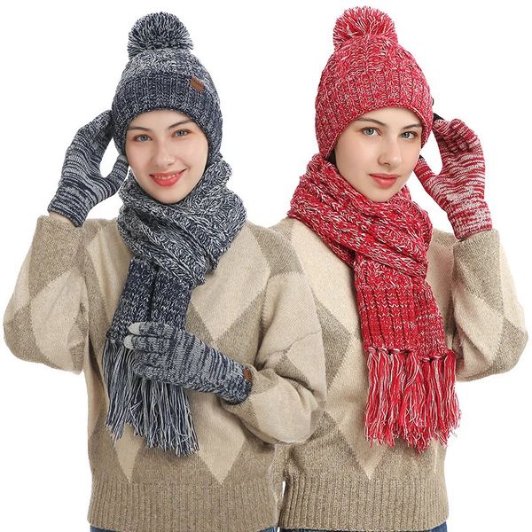 Шарфы женские зимние, сохраняющие тепло, комплект с флисовой подкладкой, шапочка-бини, перчатки, утепленный шарф, шерстяная пряжа, вязаный глушитель, шапка, шейный платок 231012