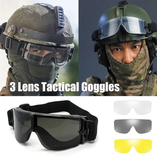 Occhiali da esterno Ocgle tattiche tattiche pust -respromobili per crapli da esterno Sports da combattimento militare Goggles 3 lenti CS Game War Eyewear 231011