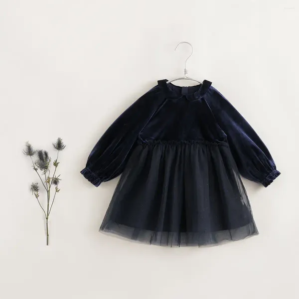 Mädchenkleider MARCJANIE Mädchen-Puppenhals-Kleid aus silbernem Samt für Herbst und Winter, französische Serie 231575
