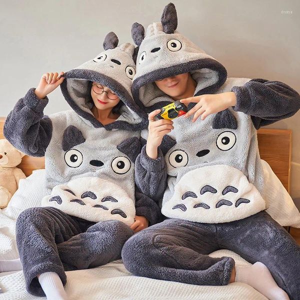 Pijamas de inverno masculino conjunto flanela com capuz roupas de casa amante pijamas quente casal combinando pijama anime