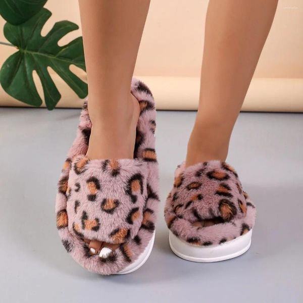 Sandalen Großhandel weiche niedrige MOQ Winter warme Mode Haus Home Schlafzimmer flauschige Leopardenfell Damen Hausschuhe