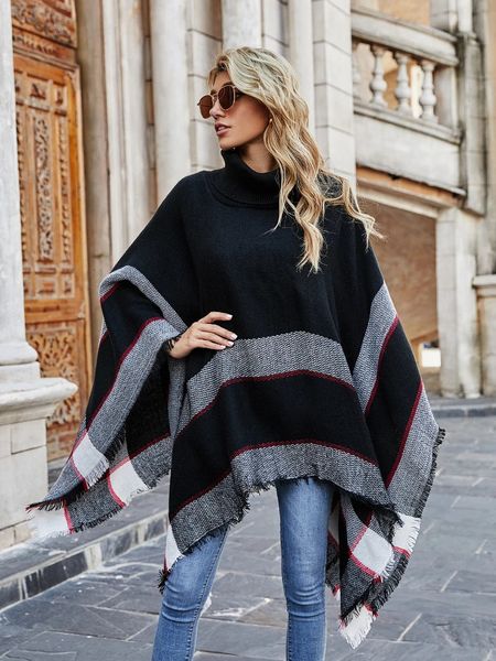 Платки осень-зима с высоким воротником в клетку, шаль с бахромой, плащ, модное повседневное пальто, пуловер, женский свитер, топ с длинными рукавами 231012