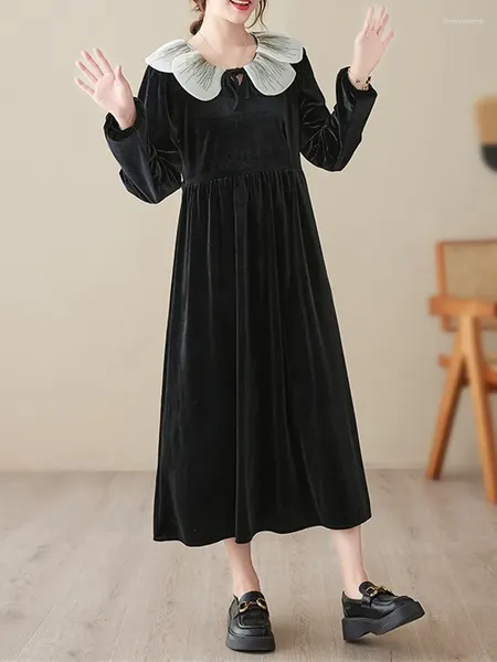 Abiti Casual manica lunga velluto nero Vintage Maxi per donna sciolto coreano primavera autunno abito da donna 2023 abbigliamento elegante