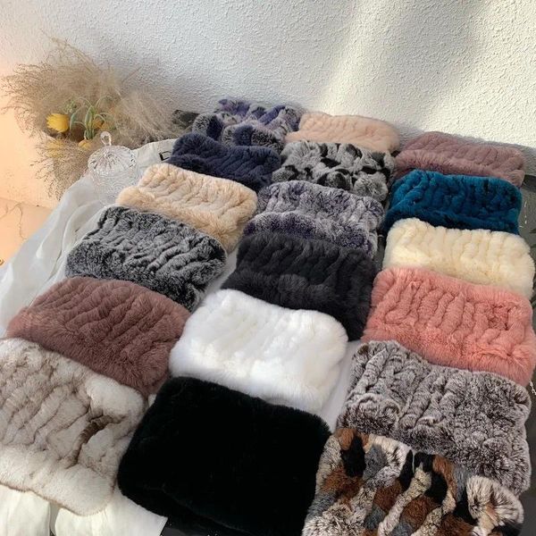 Lenços Mulheres Handmade Stretch Real Fur Scarf Knit Genuine Rex Headbands Meninas Anel Natural