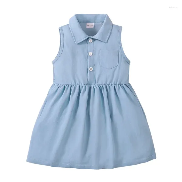 Mädchen Kleider Mädchen Sommerkleid Blau Revers Ärmelloses Sommerkleid Kinder Baumwolle Prinzessin Baby Vestidos Kinder Kleidung 18M-6Y