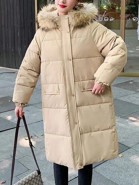 Casacos de trincheira femininos engrossar parkas quentes para mulheres inverno 2023 casaco longo com capuz parka elegante senhoras coreano casual à prova de vento para baixo algodão