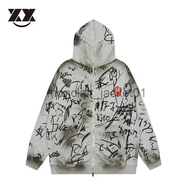 Giacche da uomo Giacca da uomo High Street con stampa Graffiti Giacca con cerniera unisex Hip Hop Harajuku Streetwear Cappotto in cotone moda Giacca con cappuccio unisex J231012