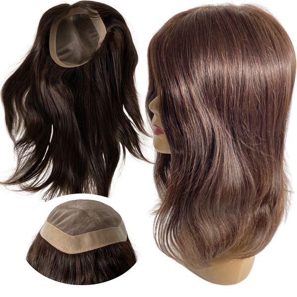 Готов к отправке 16-дюймовые индийские натуральные человеческие волосы для замены темно-коричневого цвета 2 # 130% плотность 7x9 моно-топпер для чернокожих женщин