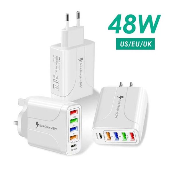 Carregador 48W USB-C 5 portas PD 18W USB tipo C Carregamento rápido QC3.0 Adaptador de energia Carregadores de parede EUA UE Reino Unido Plugues para Iphone 15 Plus 14 13 Samsung Utral Pro Max Travel Home Smart Phone