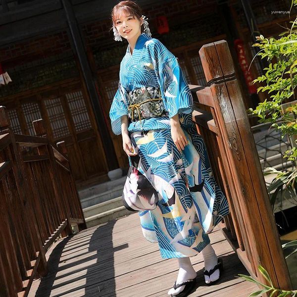 Roupas étnicas Japonês Vestido Formal Vibrando Manga Kimono Azul Modelo Tradicional Completo Tsurugi Comprimento 160cm