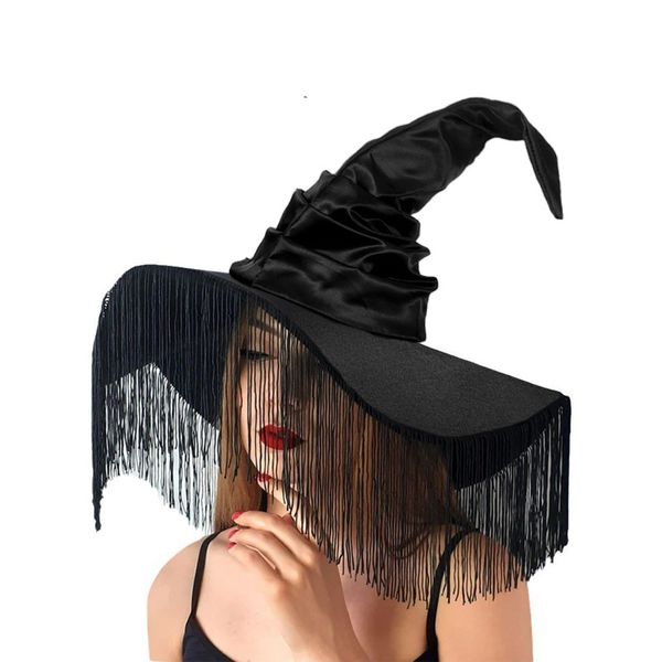 Bühnenkleidung, Halloween, plissierte Hexenkappe, Vintage-schwarzer Hexenhut mit großer Krempe, Damen-Hexe, Cosplay-Kostüm, Hut, Partykappe, Kopfbedeckung