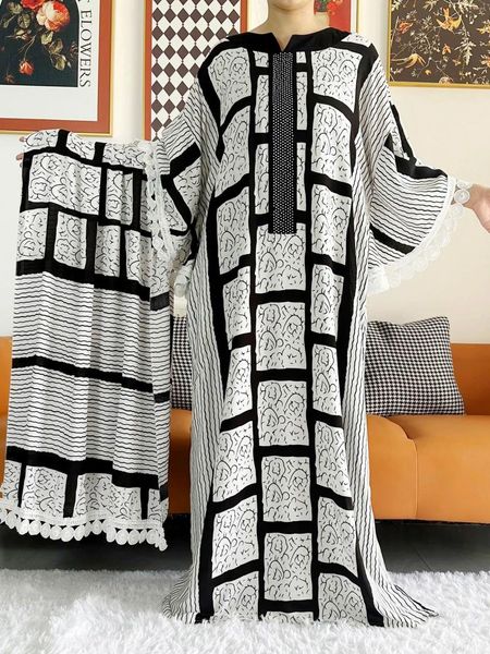 Roupas étnicas 2023 Senhora Africana Eid Vestido com Grande Cachecol Algodão Ponto de Onda Impresso Solto Floral Boubou Maxi Islam Mulheres Manga Curta Abaya