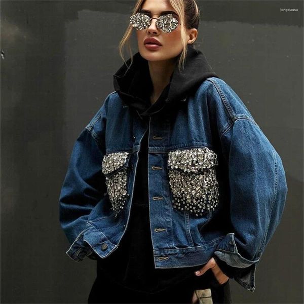 Damenjacken Frauen Diamanten Perlen Denim Mantel Herbst Gespleißte Strasssteine Doppeltaschen Jeans Jacke Kristall Cowboy Cardigan Tops