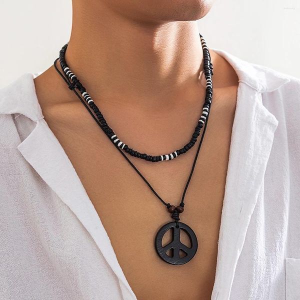 Colares Pingente KunJoe Vintage Madeira Frisada Símbolo da Paz Colar Conjunto para Homens África Ajustável Cera Thread Hiphop Jóias