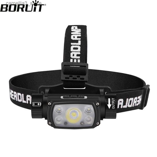 Lâmpadas de cabeça BORUiT LED Farol 6-Modos Sensor de Movimento Farol Tipo-C Recarregável À Prova D 'Água Power Bank Cabeça Tocha Camping Pesca Q231013