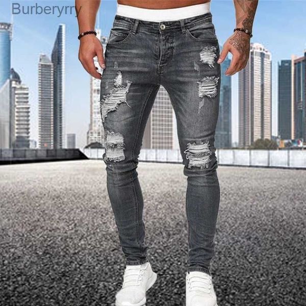 Calças de brim masculinas moda estilo rua rasgado jeans magros homens vintage lavagem sólida calças jeans masculino casual fino ajuste lápis calças jeans venda quente l231011