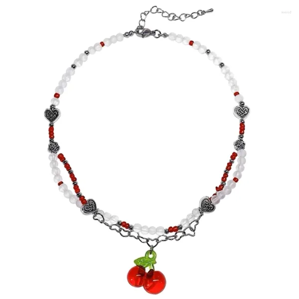 Collane con ciondolo Collana con perline di riso rosso ciliegia Lunghezza regolabile Delicato girocollo Gioielli per donna Catena clavicola unica