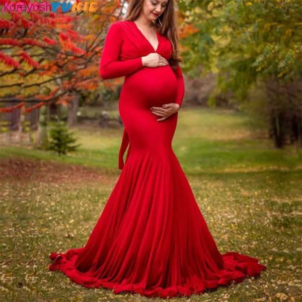 Umstandskleider Damen Frühling Herbst Umstandskleid Elegant Schlank V-Ausschnitt Langarm Meerjungfrau Maxikleider für Fotografie Babyparty FotoshootingL231012