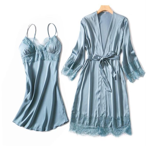 Mulheres sleepwear seda mulheres seda robe vestido conjunto verão sexy laço guarnição vestido elegante mulher pijama casual roupão sets2967