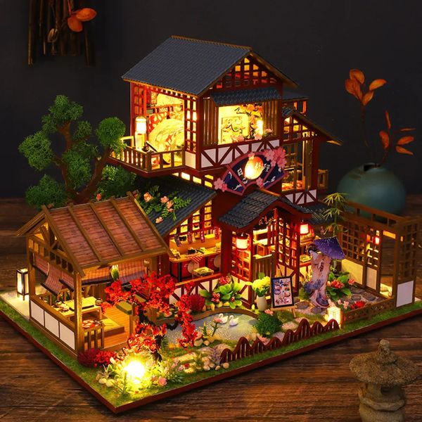 Casa de boneca acessórios diy casa de bonecas de madeira kit de construção em miniatura casas com móveis casa japonesa brinquedos artesanais para meninas presentes 231012