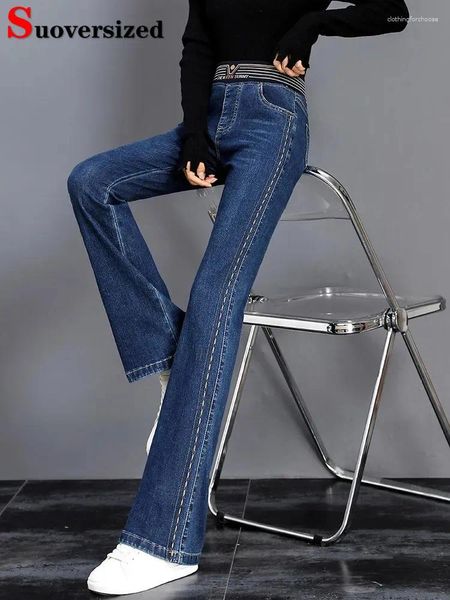 Kadınlar kot vintage yan çizgili parlama pantolon moda kadınlar büyük boy elastik yüksek bel vaqueros pantalonlar gündelik denim çan dip