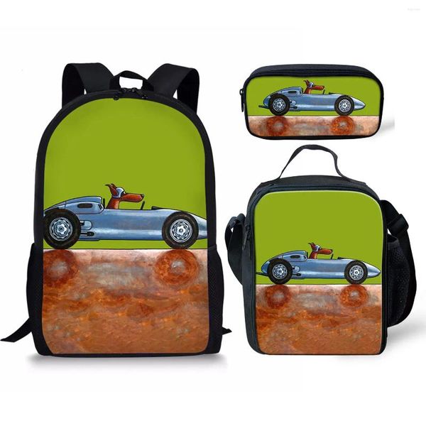 Rucksack, klassischer Cartoon, lustiges Auto, 3D-Druck, 3 Stück/Set, Schüler, Schultaschen, Laptop, Tagesrucksack, Lunchtasche, Federmäppchen