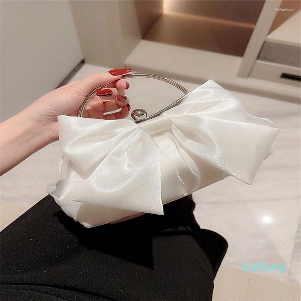 Borse da sera Pochette da fata con fiocco in raso bianco Borse con manico in metallo per le donne Festa di nozze