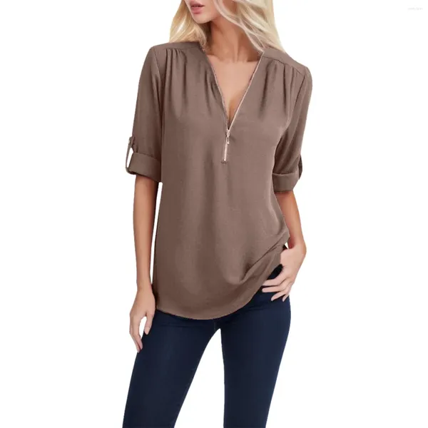 Blusas femininas elegantes com decote em v camisas com zíper plissado mangas compridas topo plus size roupas outono blusas para mujer