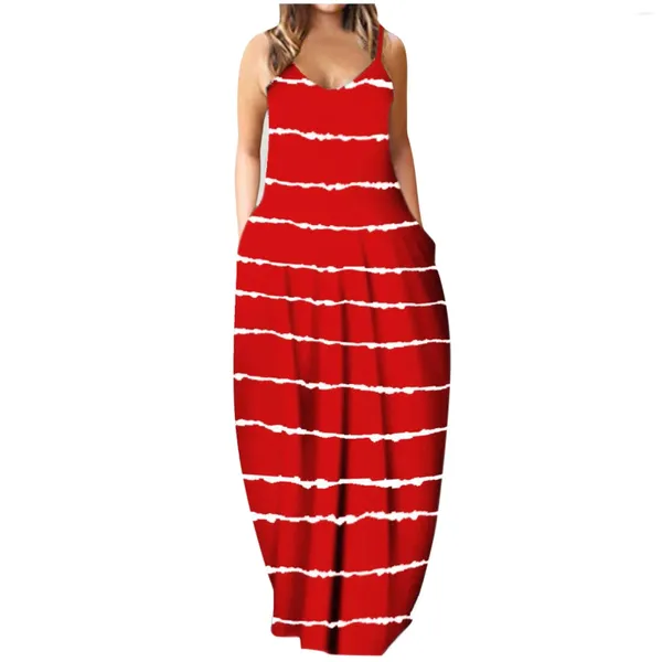 Abiti casual Elegante stampa a righe Boho Abito ampio Donna Senza maniche Lungo Maxi Backless Abito femminile Estate Mujer Vestidos