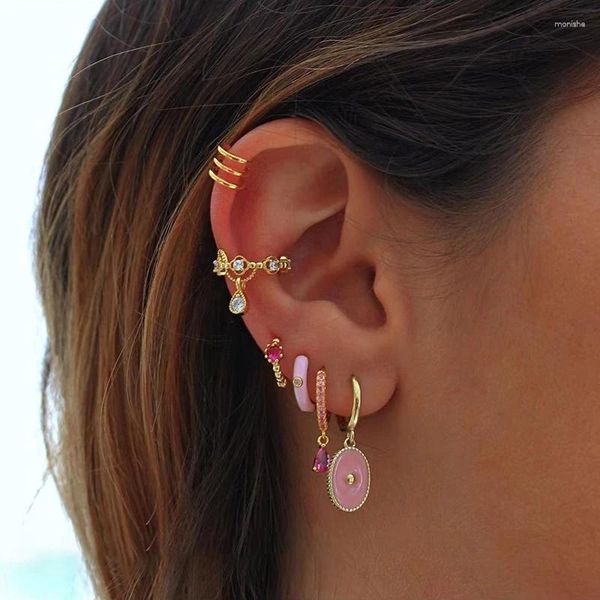 Brincos de argola ins estilo rosa esmalte múltipla estrela cruz coração flor balançar brinco para mulheres corrente moda doce jóias pendientes