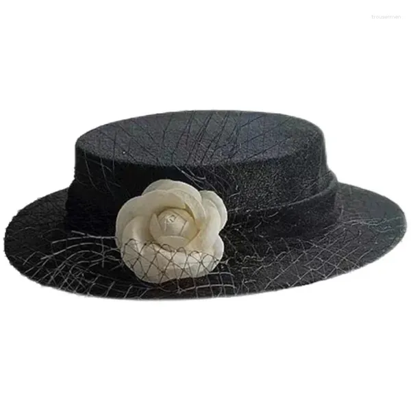 Berretti Cappello da sposa in velluto nero Velo classico a fiori per il viso Cappelli stile Fedora eleganti da donna Fancy Show Banchetto Copricapo Fedora piatto formale