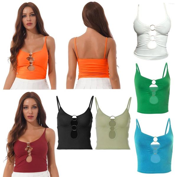 Damen Tanks #S-L Frauen Low-Cut Hollow Out T-Shirt O Ring Camisole Spaghetti Strap Crop Top Ärmellose Weste Clubwear Sommerkostüm