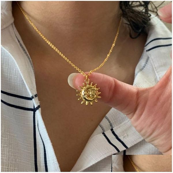 Vintage Sun Moon Pingente Colar Para Mulheres De Aço Inoxidável Dainty Gold Color Chains Colares Celestial Jóias Collier Dhgarden Otwfv