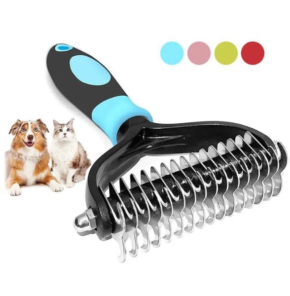 Cão Grooming Limpeza Pente para animais de estimação Cães Pente para remoção de pêlos Cortador de dupla face Aparador de pele de gato Dematting Deshedding Escova Remover pêlos flutuantes Manter a pele saudável