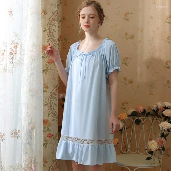 Mulheres sleepwear princesa nightwear doce laço splice noite vestido mulheres algodão kawaii nightdress sexy nighty vintage curto camisola