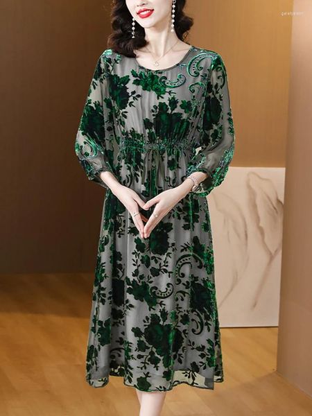 Casual Kleider Frauen Seide Beflockung Floral Luxus Party Abendkleid Herbst Winter Langarm Elegante Vestidos 2023 Koreanische Chic Prom