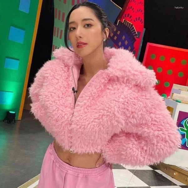 Mulheres Trench Coats Echoine Rosa Faux Fur Turn Down Jaqueta Curta Grosso Quente Peludo Casaco de Inverno Streetwear Mulheres Casual Teddy Outwear