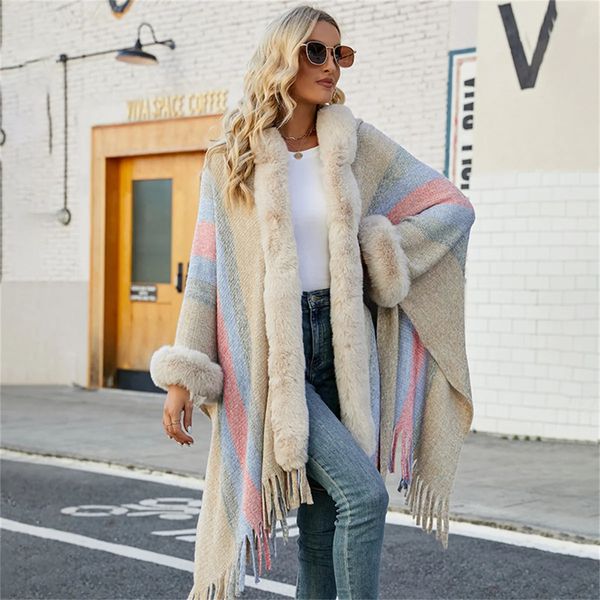 Schals Winter Jacquard Weben Mantel Dicken Gestreiften Poncho Mantel Frauen Pelz Kragen Große Pendel Batwing Ärmeln Lose Strickjacke Schal Cape 231012