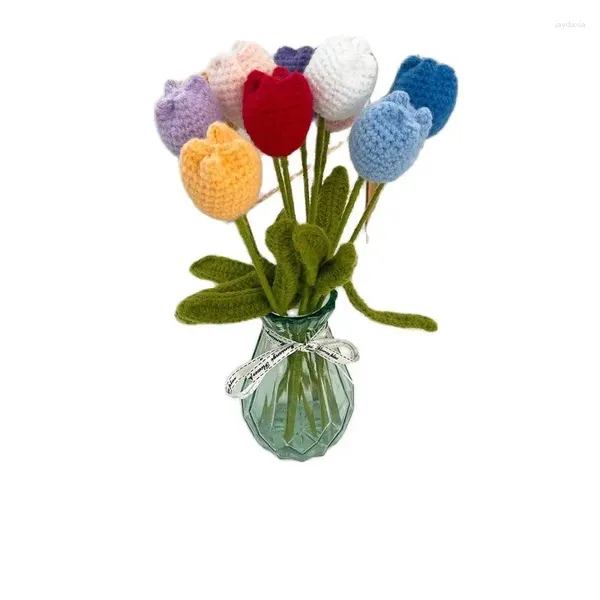 Flores decorativas 5 pçs tulipa diy mão artificial tricô terminado buquê de casamento presente eterno decoração para casa