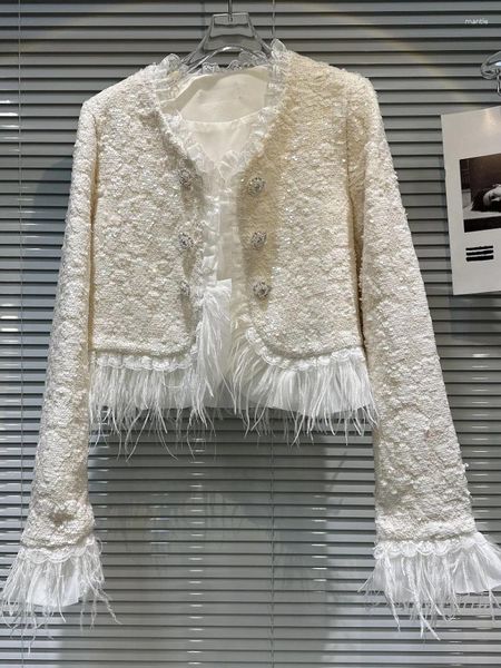 Giacche da donna 2023 Autunno Stile Classico Piume di struzzo Pizzo Paillettes Tweed Top Cappotto corto per le donne Cappotti Chic di lusso leggeri Ufficio Femme