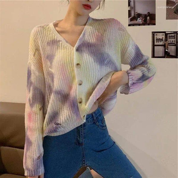 Dames Gebreide Mode Losse V-hals Gescheurd Vintage Vest Dames Indie Lui Koreaans Chic Gebreide Tops Gradiënt Tie-dye Trui