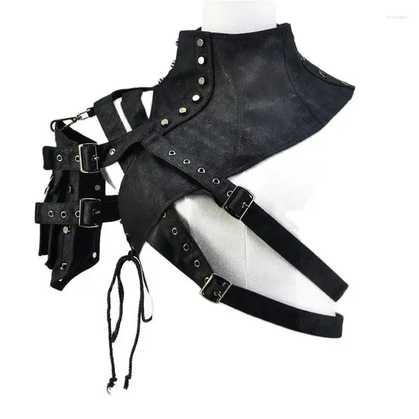 Damenjacken, schwarzes PU-Leder, Nieten, Schnallentasche, kurze Gothic-Rüstungsjacke, Vintage-One-Shoulder-Top, Plus-Size-Steampunk-Korsett
