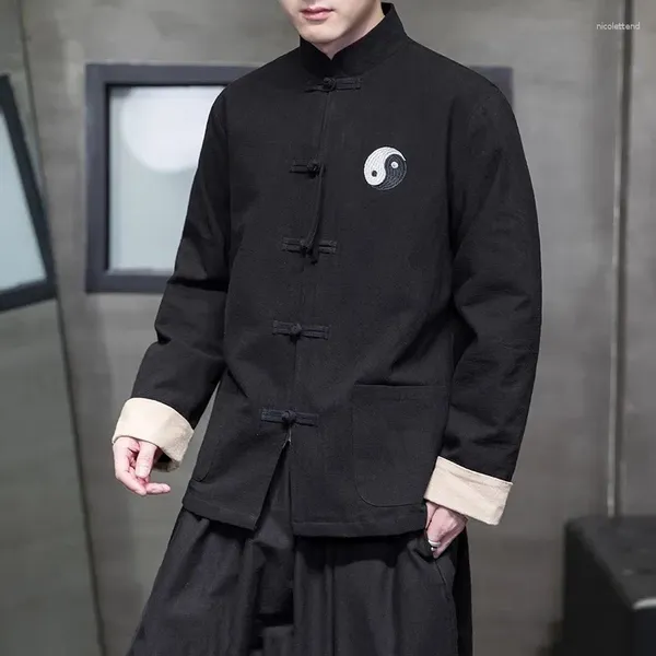 Мужские куртки, хлопково-льняная куртка в китайском стиле ретро, осенне-зимний костюм Тан с вышивкой, Harajuku, свободное повседневное пальто
