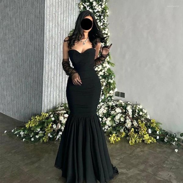 Partykleider Elegante lange schwarze Chiffon-Muslim-Abendkleider mit abnehmbaren Ärmeln Meerjungfrau Sweep Zug Plissee-Abschlussball für Frauen